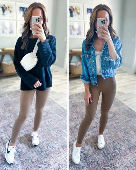 Favorite Amazon leggings ever!! Wearing XXS. Amazon sweater (small, feels like barefoot dreams). Denim jacket on sale (XSP). Travel outfit. Casual outfit. Neutral outfit. Nike waffle shoes (TTS). Favorite white sneakers (size down if in between sizes). 

#LTKshoecrush #LTKFind #LTKunder50