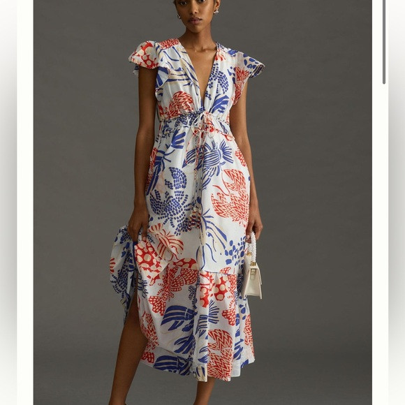 Farm Rio Printed Ruffle-Sleeve V-Neck Dress lobster white red blue | Poshmark