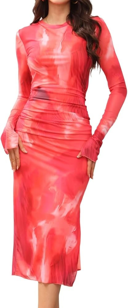 Women's Sexy Mesh Maxi Dress Y2K Flared Long Sleeve Floral Printed Side Slit Ruched Bodycon Party... | Amazon (US)