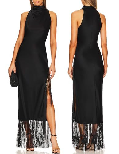 Aigeman Women Vintage Flapper Dresses 1920s Great Gatsby Halter Fringed Maxi Dress Tassels High Split Formal Dress 19(Large,Black) | Amazon (US)