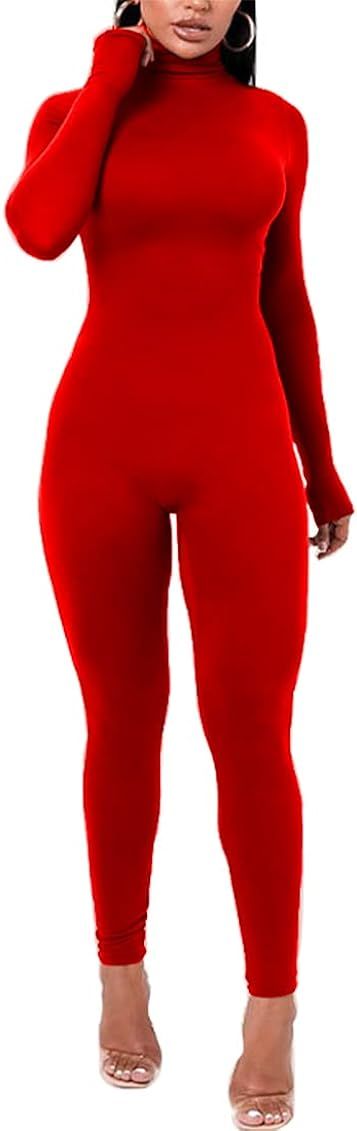 Azhong Women's Sexy Long Sleeve Turtleneck Jumpsuits Bodycon Back Zipper High Waist One Piece Cas... | Amazon (US)