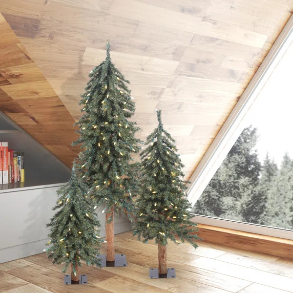 Natural Bark Alpine 3 Piece 4' Artificial Christmas Tree Set with 185 Clear Lights | Wayfair North America