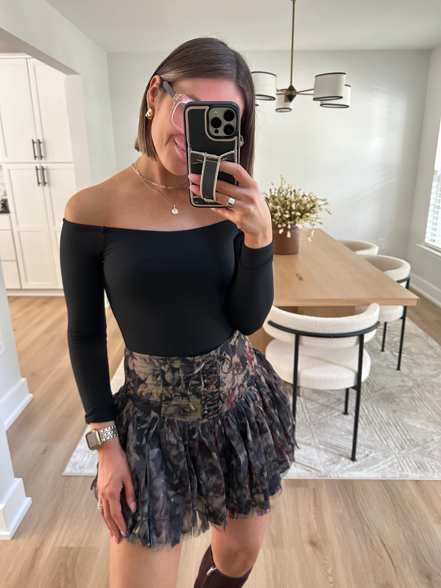 Nuuds black off the shoulder bodysuit size small tts. Vici moody floral tulle mini skort (built in boy shorts) size small tts but if in between, probably size down. Sam Edelman dark brown cafe noir knee high boots size 7 tts.

N sale, Nordstrom anniversary sale, knee high boots, chocolate brown, brown boots, western boots, suede boots, fall outfit, mini skort, mini skirt, bodysuit, autumn, autumn outfit, transitional outfit 


#LTKautumn #LTKxVICI #LTKSaleAlert