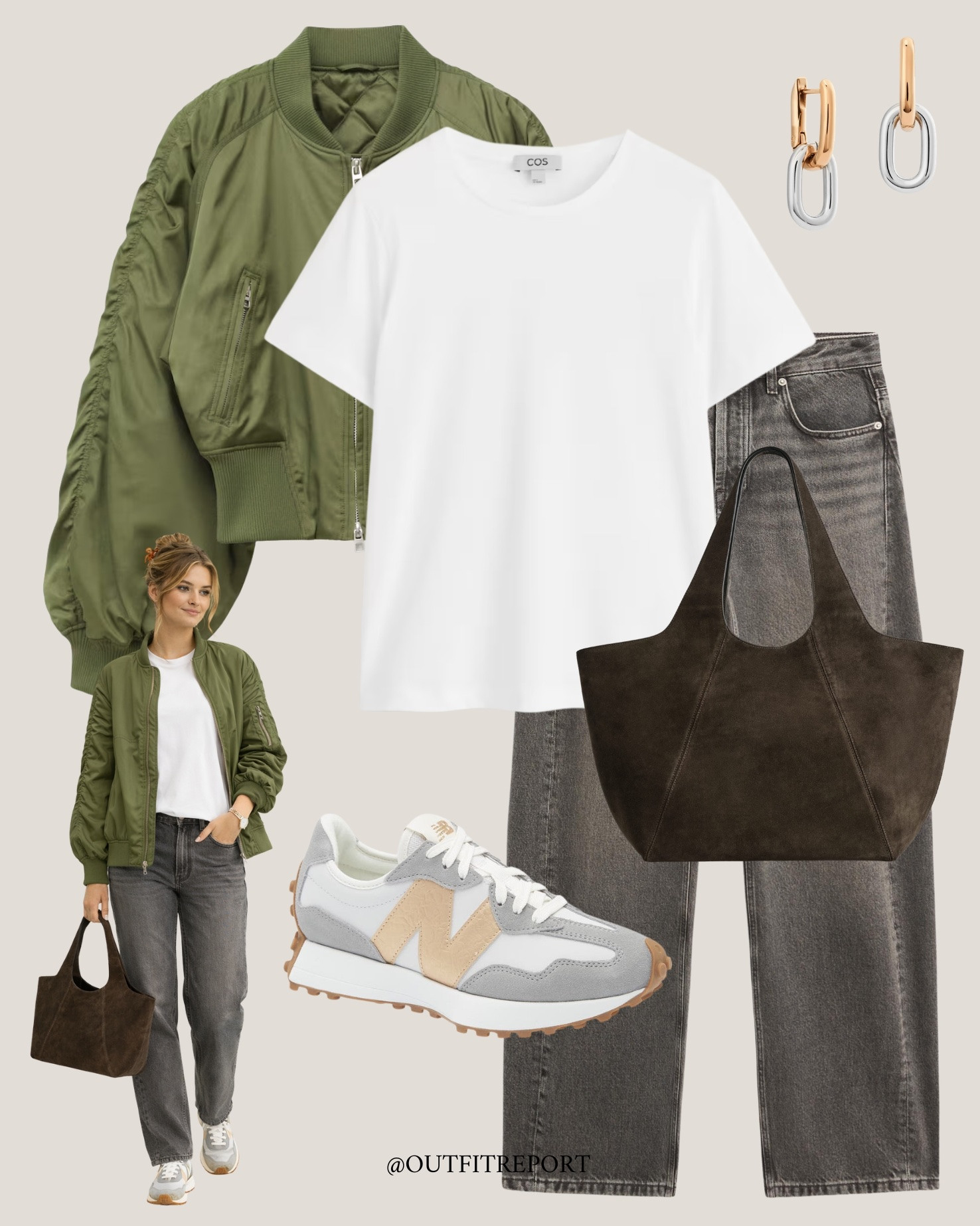 Spring summer outfit in green cropped jacket grey denim jeans white tee tshirt and new balance trainers 

#LTKeurope #LTKspring #LTKstyletip