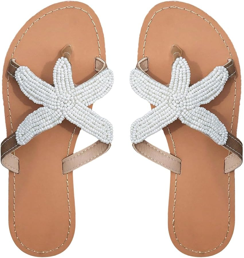 Amazon.com | Floerns Women's Starfish Beaded Flat Sandals Open Toe Flip Flop Summer Beach Vacation Sandal White 7.5 | Flats | Amazon (US)