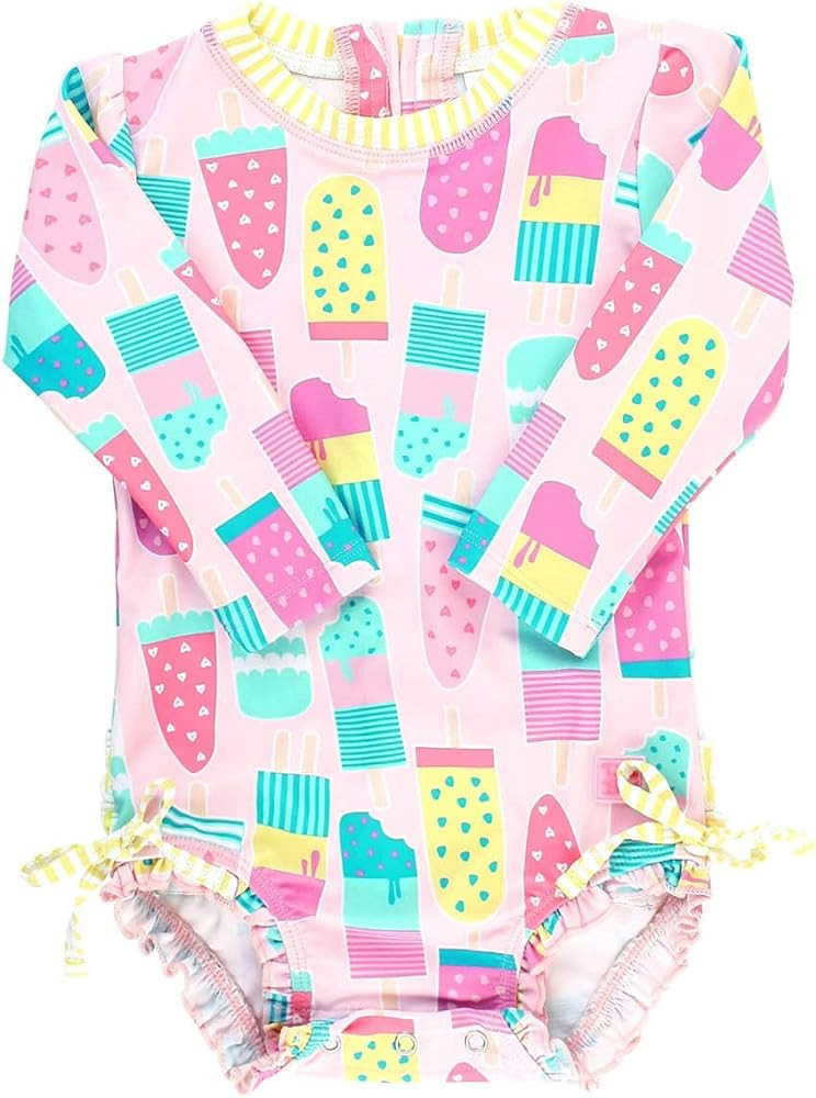 RuffleButts Baby Girls UPF 50+ Sun Protection Novelty Print Long Sleeve One Piece Rash Guard Swim... | Amazon (US)