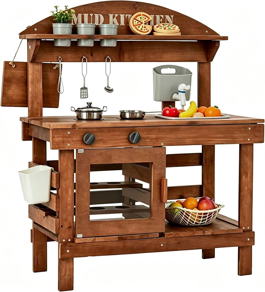 Kids Outdoor Mud Kitchen, Wooden Play Kitchen with Removable Water Sink, Faucet, Plants Observati... | Amazon (US)