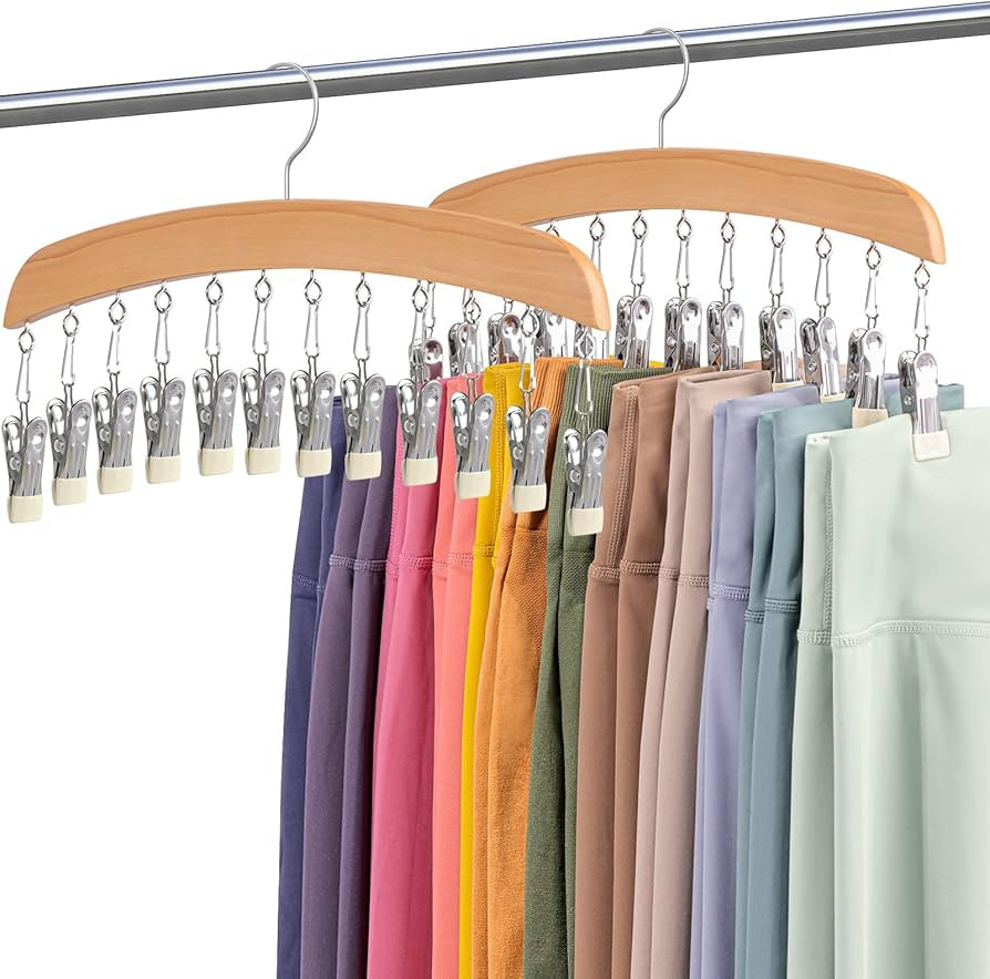 Leggings Hangers for Closet, MEILIDY 2 Pcs Wooden Hanging Leggings Organizer Hanger with Multi Cl... | Amazon (US)