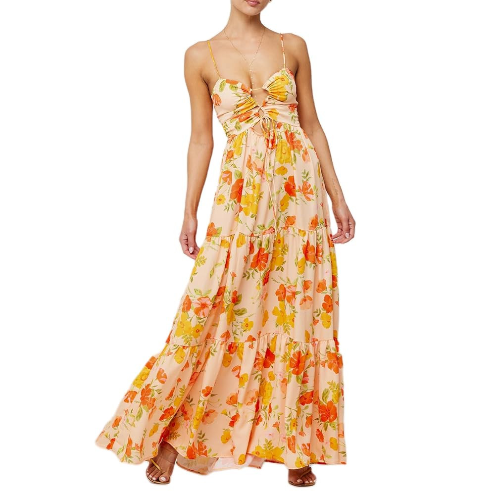 Women Boho Tie Shoulder Maxi Dress Y2k Floral Smocked Long Dress Sleeveless Flowy Summer Beach Su... | Amazon (US)