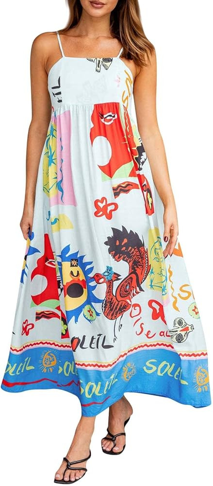Women Cute Print Maxi Cami Dress Loose Sleeveless Spaghetti Strap Boho Dress Flowy Graffiti Long ... | Amazon (US)