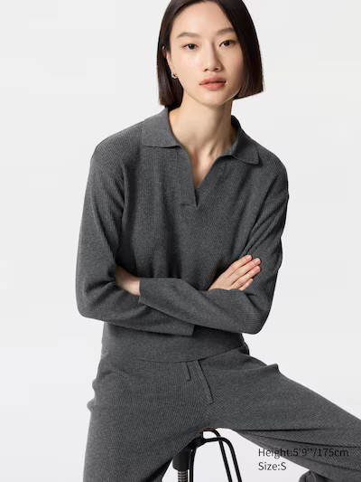 Washable Ribbed Knit Polo Sweater | UNIQLO (US)