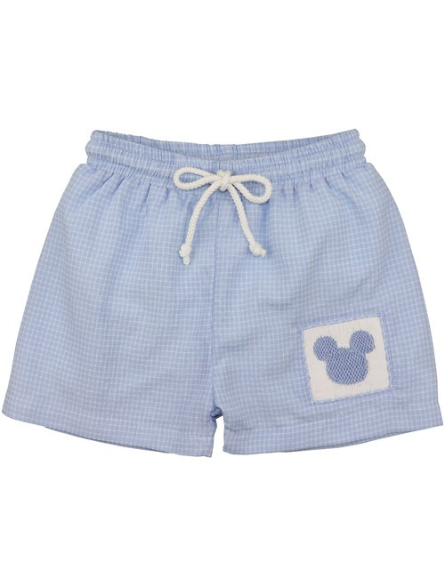 Blue Windowpane Smocked Mouse Ears Swim Trunks | Cecil and Lou