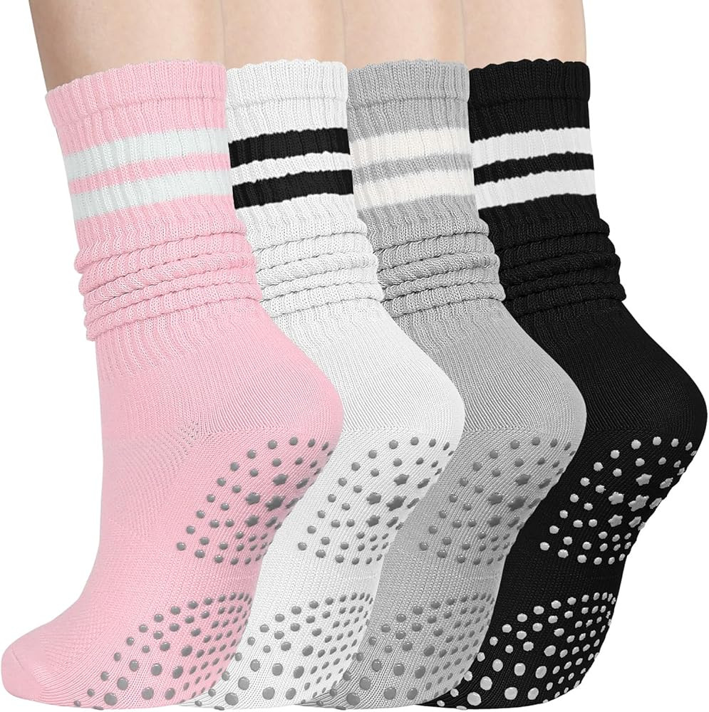 Pilates Socks with Grips for Women, Crew Slouch Slouchy Yoga for Barre Workout Hospital Long Scru... | Amazon (US)