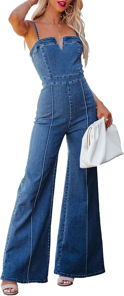 Sexyshine Women's Denim Jumpsuit Spaghetti Straps Sleeveless V Neck Wide Leg Flared Full Length J... | Amazon (US)