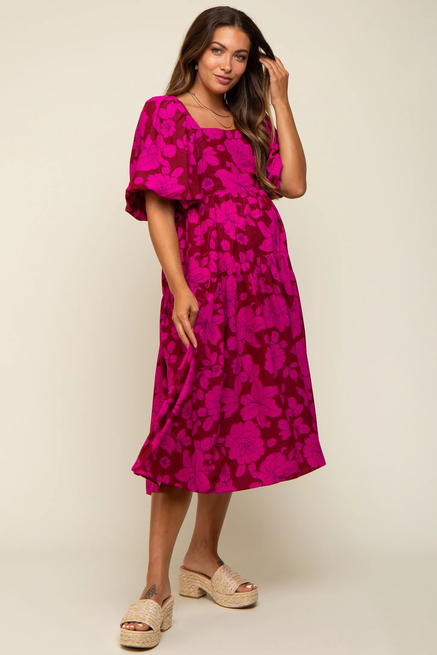 Magenta Floral Puff Sleeve Tiered Maternity Dress | PinkBlush Maternity