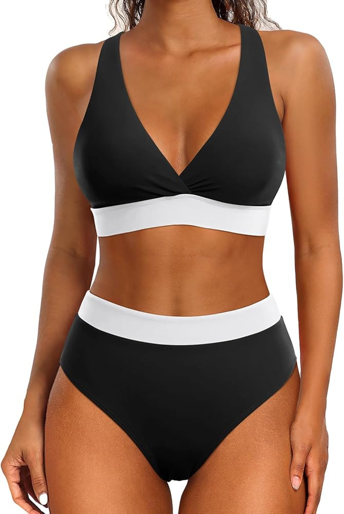 Aqua Eve Women High Waisted Bikini Set Two Piece V Neck Bathing Suit Moderate Swimsuit | Amazon (US)