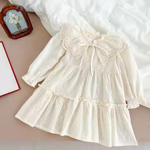 Autumn Ins Children Girls Dress Cotton Long Sleeve Flower Lace Ruffle Collar Solid Kids Girls Dre... | AliExpress (US)