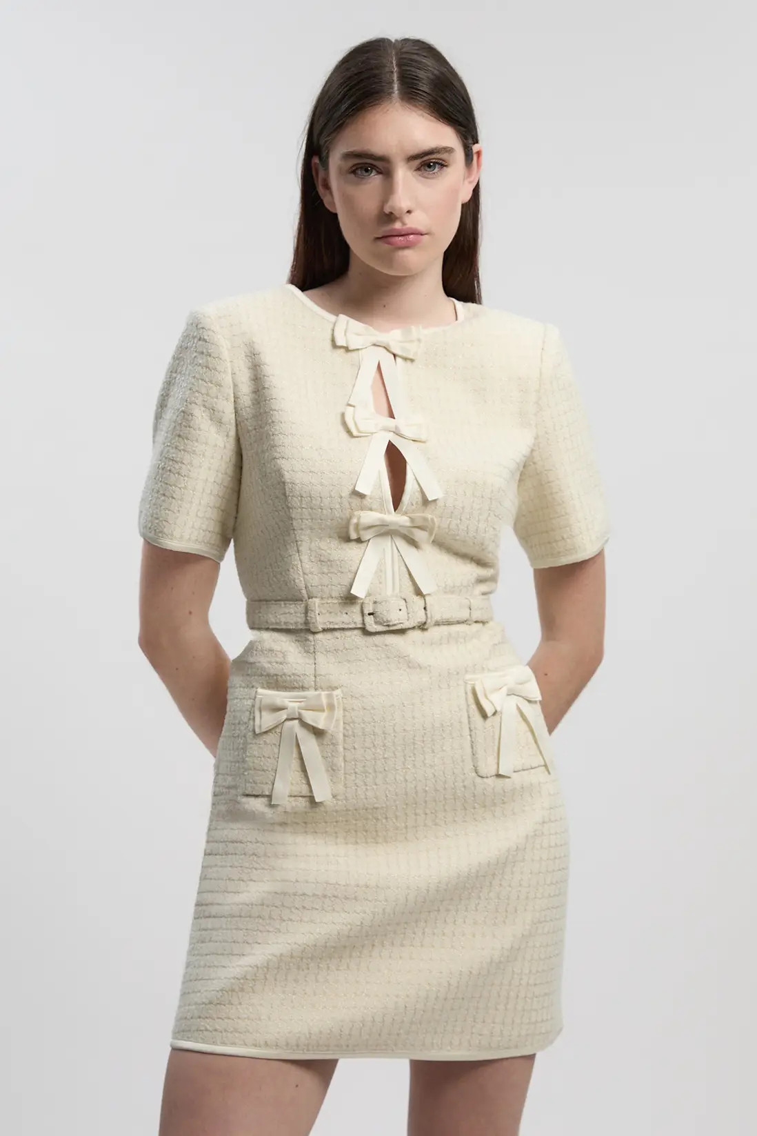 Petite Tailored Tweed Bow Detail Mini Dress | Karen Millen