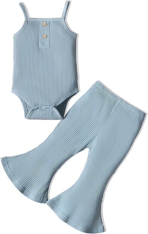 Infant Baby Girl Clothes Sleeveless Romper Bodysuit Tops & Flared Bell Bottom Pants Solid Color N... | Amazon (US)