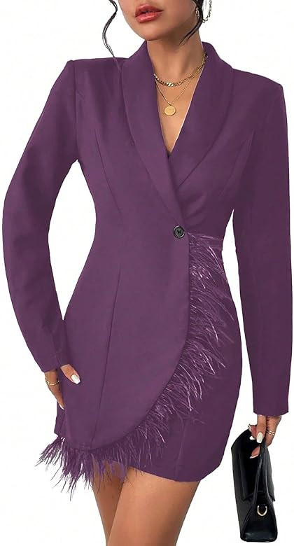 WDIRARA Women's Fuzzy Trim Wrap Button Front Long Sleeve Shawl Collar Blazer Dress | Amazon (US)