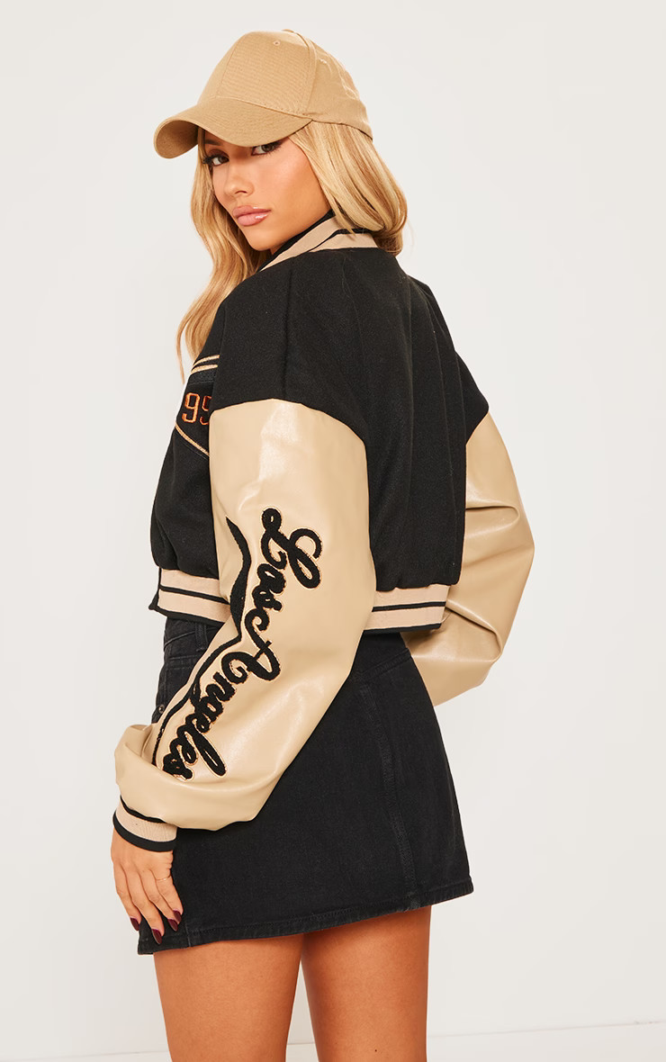 Oatmeal Wool Look Graphic Front Cropped Bomber Jacket | PrettyLittleThing US