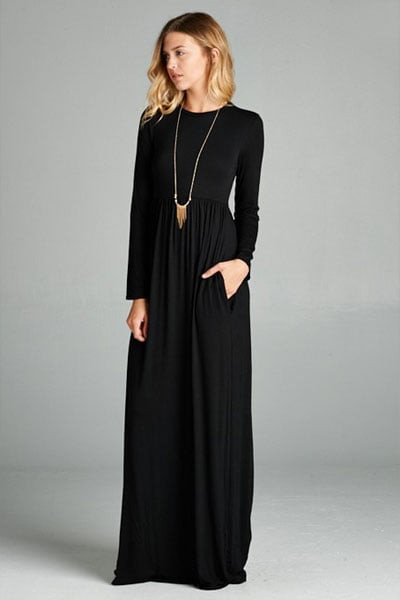 Solid Jersey Long Sleeve Maxi Dress with Hidden Pockets-Black | Fashion Junkee