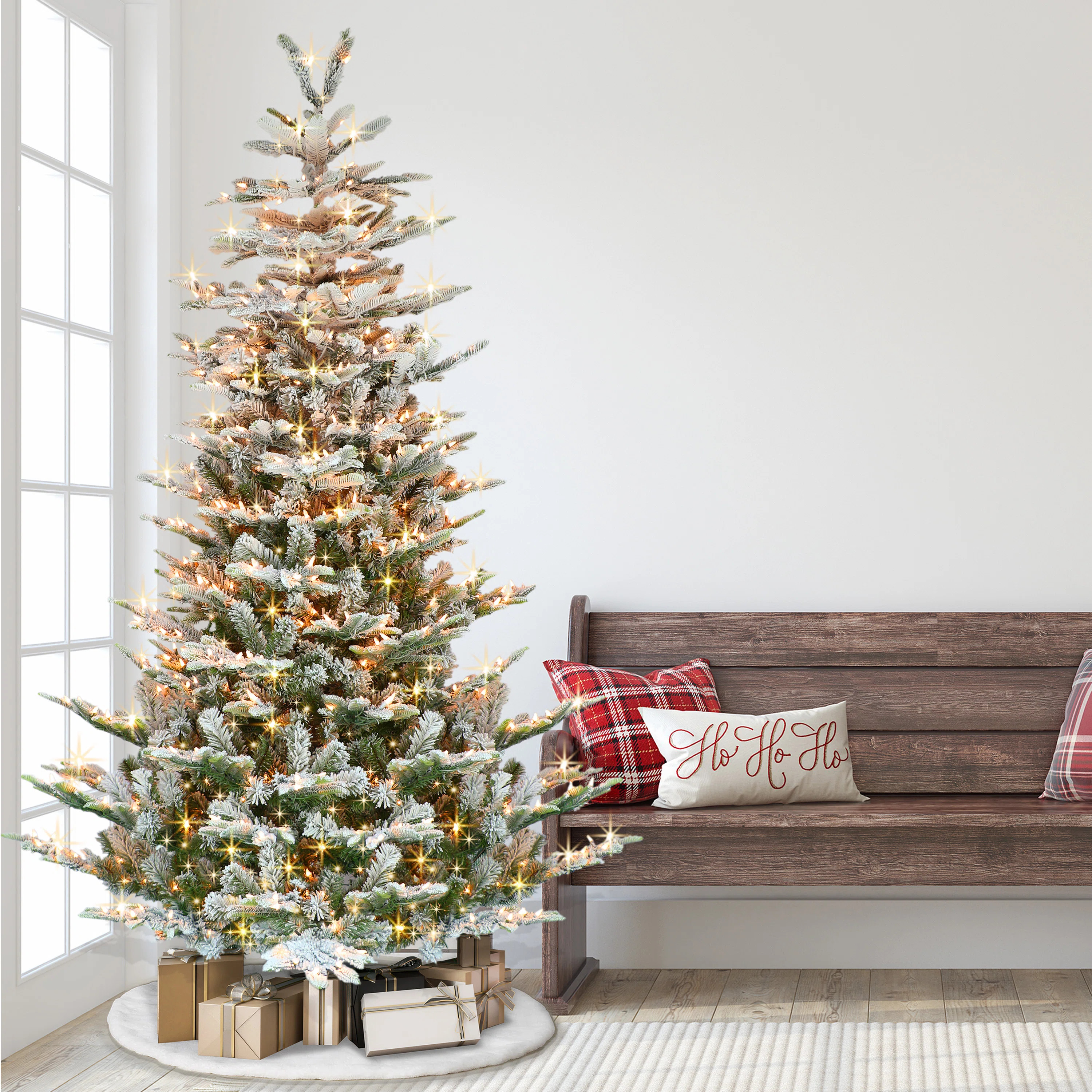Pre-lit Aspen Flocked 7.5' White/Green Fir Trees Artificial Christmas Tree with 700 Warm White Lights | Wayfair North America