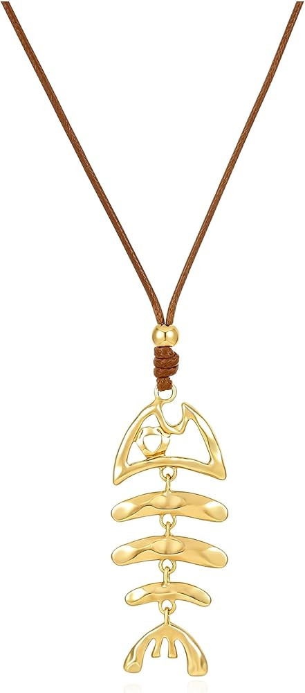 Gold Plated Chunky Pendant Long Necklace For Women, 3 Pendant Styles - Fish Bone, Crescent & Hear... | Amazon (US)