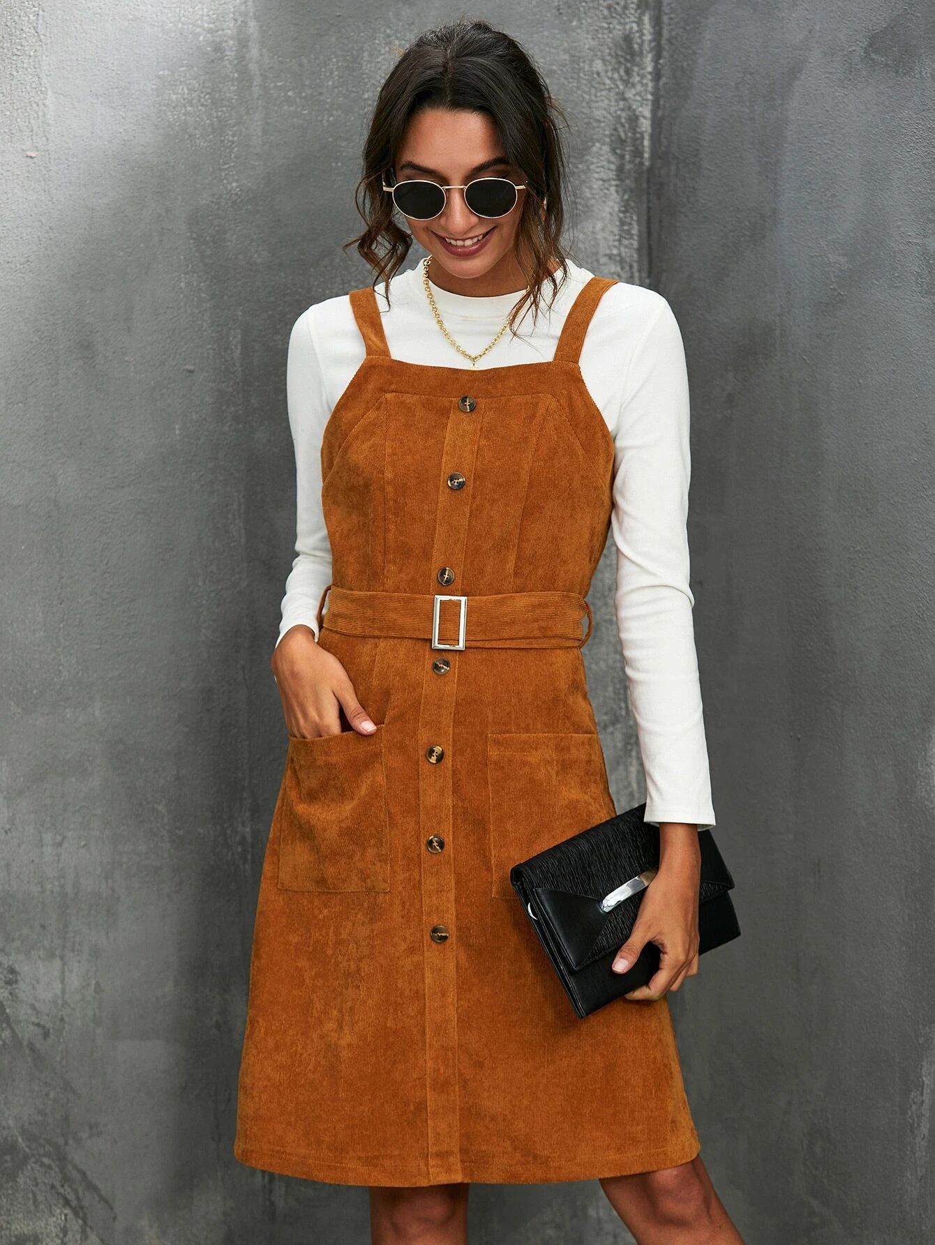 Corduroy Button Front Belted Overall Dress | SHEIN