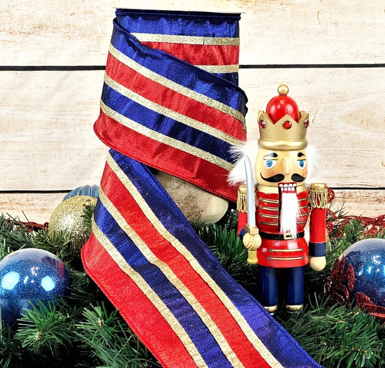 Nutcracker Ribbon, Red Blue and Gold Stripe Ribbon, Christmas Ribbon, 4 Inch Wired Ribbon, Wreath... | Etsy (US)
