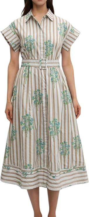 Women Summer Dresses 2025 Casual Wing Short Sleeve Button Down Midi Dress Floral Long Dress with ... | Amazon (US)