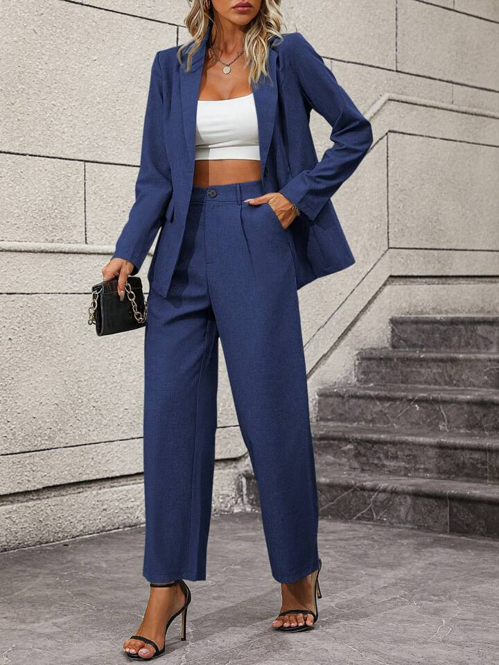 SHEIN Essnce Solid Single Button Blazer & Suit Pants | SHEIN