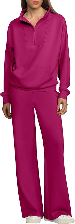 ANRABESS Womens 2 Piece Outfits Sweatsuit Quarter Zip Oversized Sweatshirt Wide Leg Sweatpants Ma... | Amazon (US)
