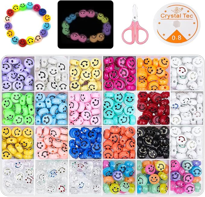 500pcs Smiley Face Beads Kit with Elastic String and Scissor,24 Grid 9mm Colorful Smile Beads wit... | Amazon (US)