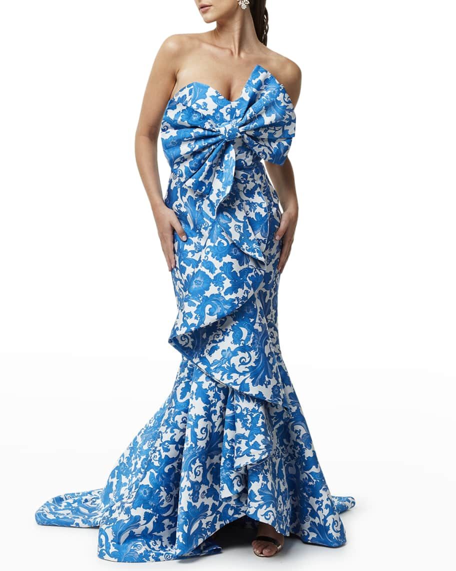 Mestiza New York Azulejo Strapless Floral-Print Bow Gown | Neiman Marcus