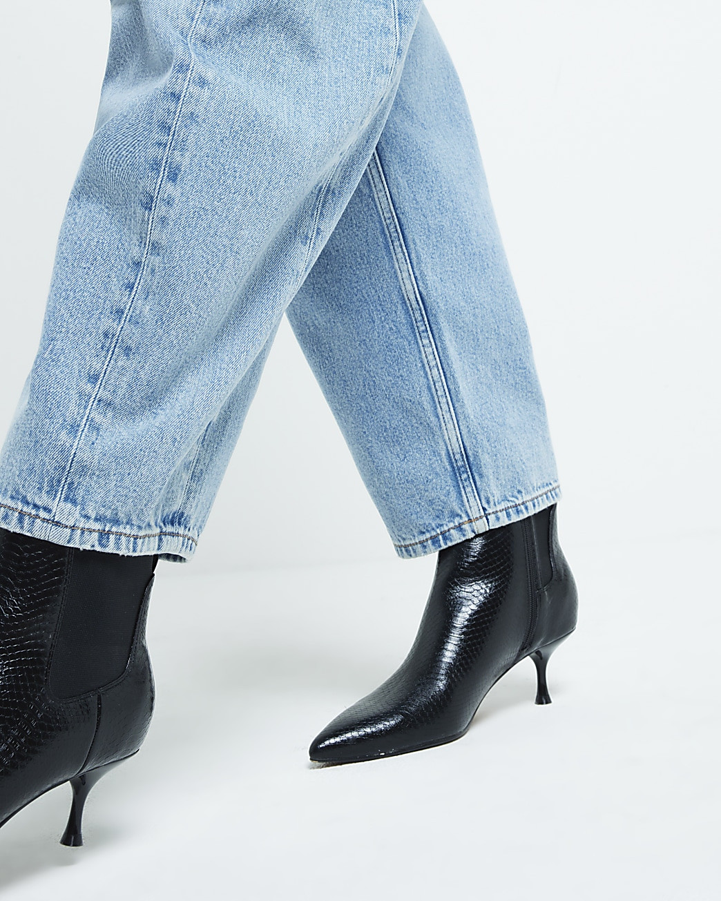 Black croc embossed kitten heeled boots | River Island (UK & IE)