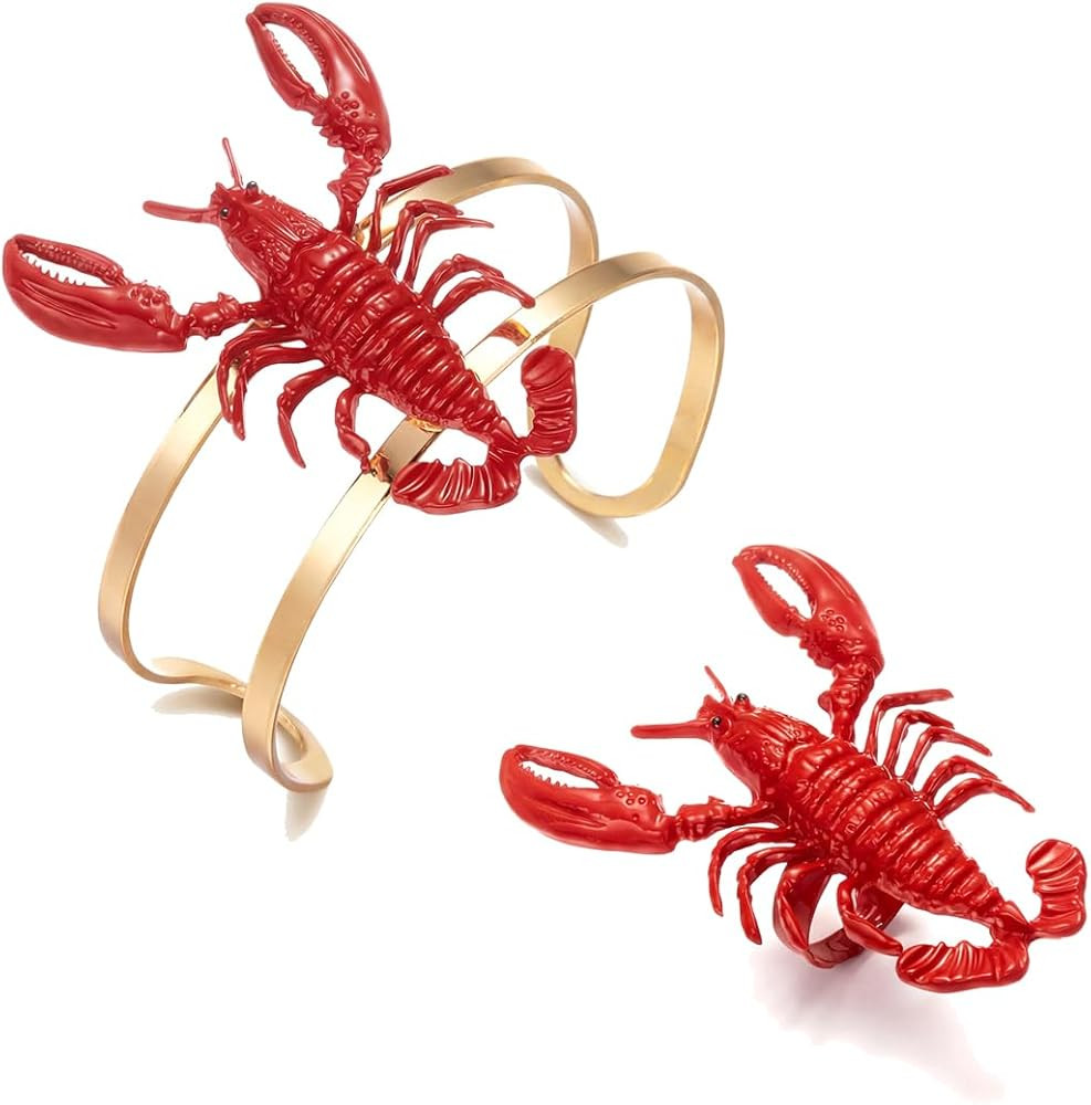 MYANAIL Fun Lobster Bracelet Ring Set for Women 3D Red Lobster Open Bangle Ring Sets Cute Animals... | Amazon (US)