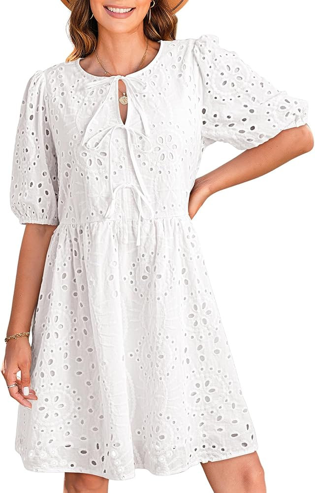 Dokotoo Summer Dresses for Women 2025 Tie Front V Neck Short Puff Sleeve Hollow Out Lace Wedding ... | Amazon (US)