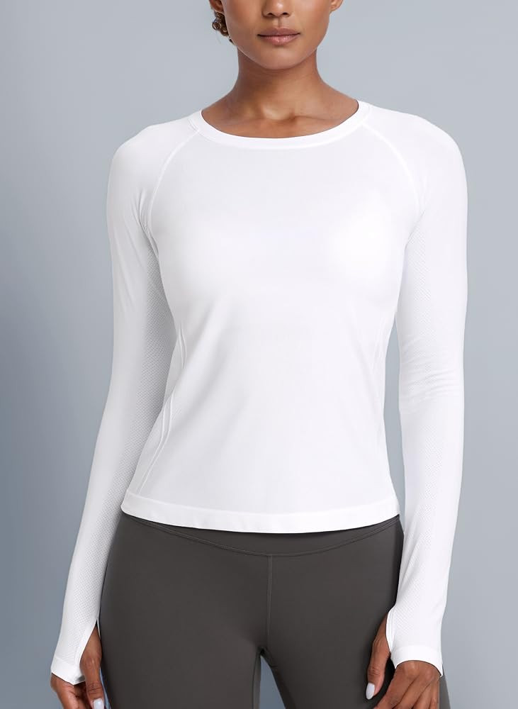 CRZ YOGA Women's Seamless Sports Long Sleeve Shirts Ribbed Running Shirt with Thumb Hole Breathable Quick Dry Fitness Tops | Amazon (UK)