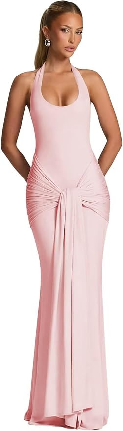Mermaid Halter Ruched Prom Dresses for Women 2026 Front Tie Scoop Neck Formal Ball Gowns Maxi Eve... | Amazon (US)