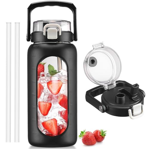 BLUEGO 64oz Glass Water Bottle with Handle and Straw, Motivational Sports Water Bottle with Time Marker and Silicone Sleeve Leakproof Drinking Bottle for Travel Gym Workout, Black | Amazon (US)