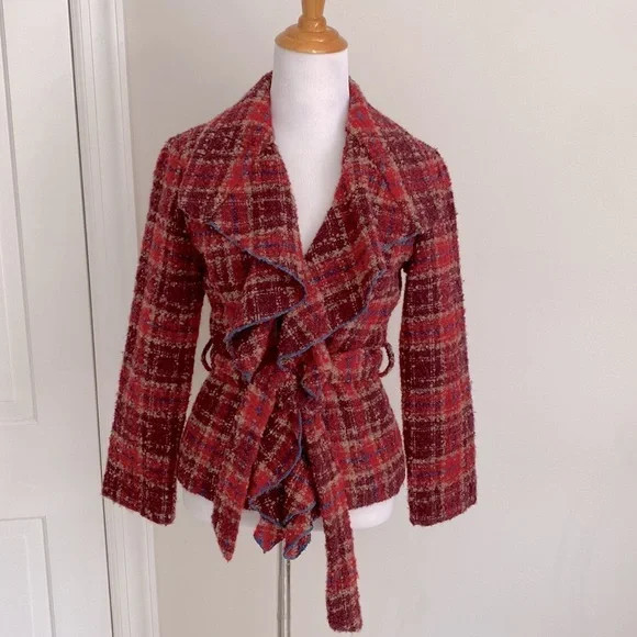 Anthropologie Tabitha Plaid Jacket w/Turquoise Blue Edged Ruffle Collar & Tie S | Poshmark