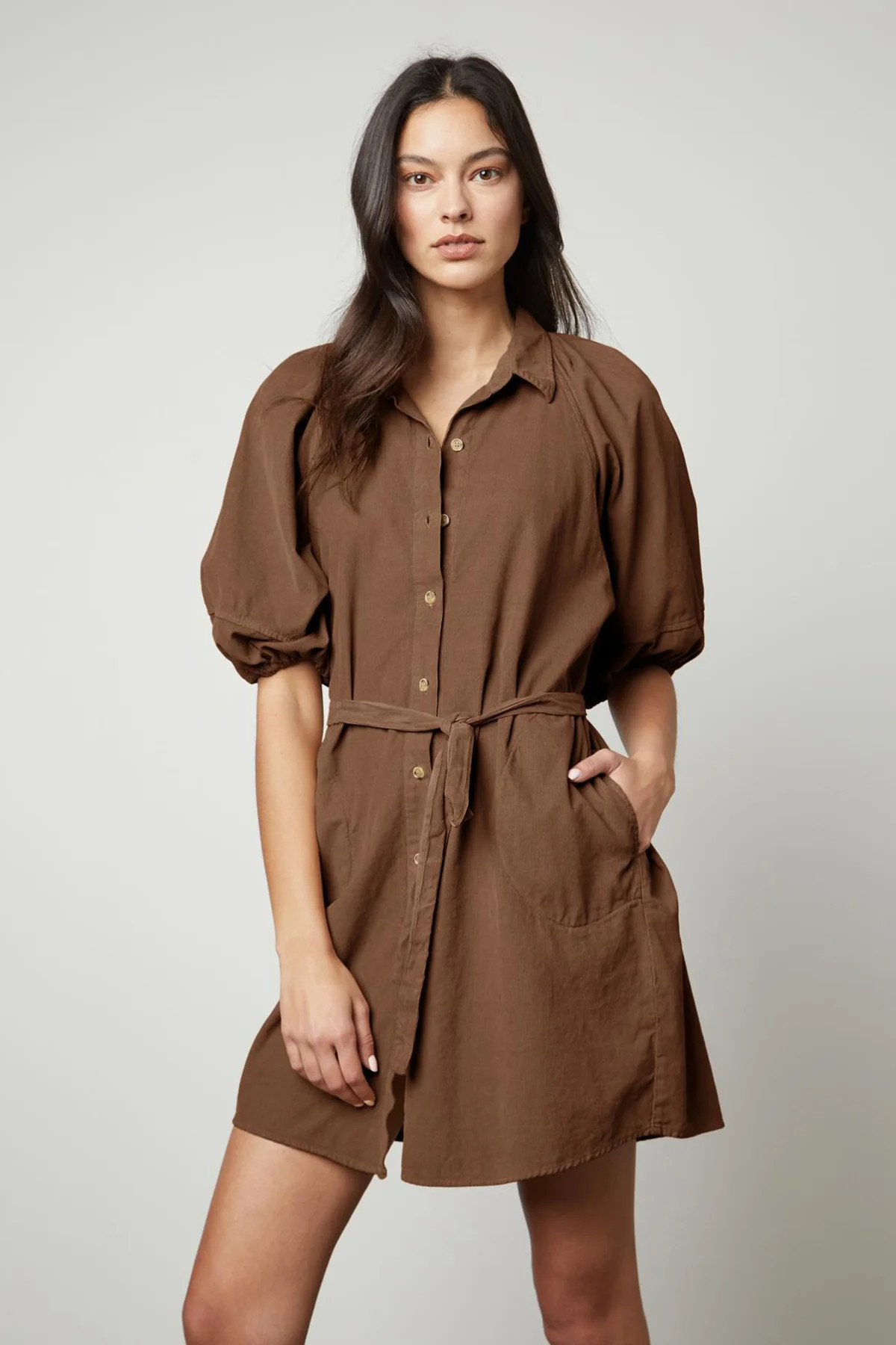 KADY CORDUROY PUFF SLEEVE BUTTON-UP DRESS | Velvet by Graham & Spencer