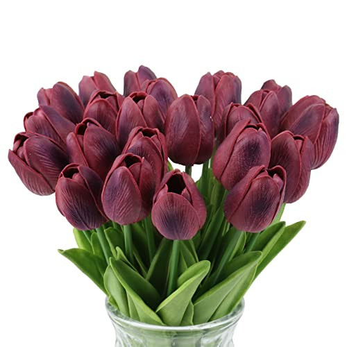 IPOPU Tulips Artificial Flowers 24PCS Burgundy Flowers Real Touch Tulips Fake Tulips Burgundy Silk Flowers Faux Flowers for Home Decoration Wedding Bouquet Party Baby Shower | Amazon (US)