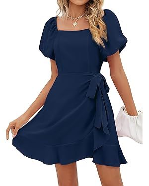 SAMPEEL Womens Square Neck Puff Sleeve Dresses Summer Tie Waist Dress | Amazon (US)