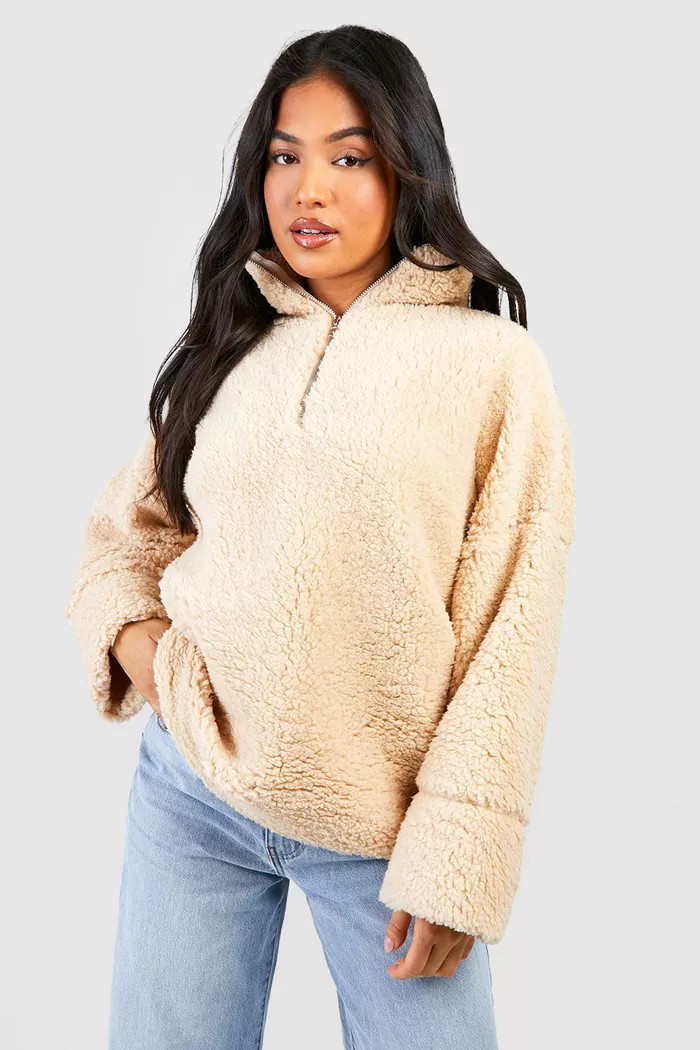 Petite Half Zip Borg Sweatshirt | boohoo (US & Canada)