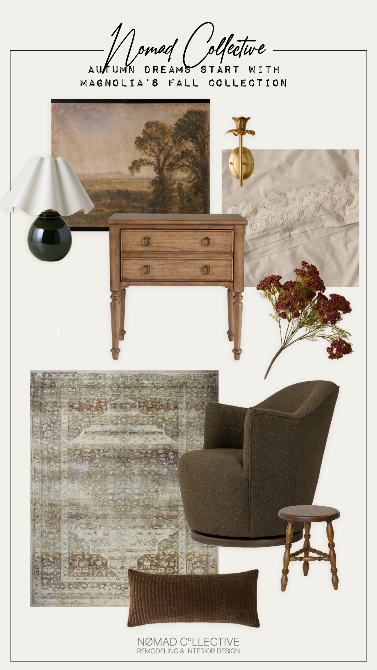 Cozy autumn layers meet timeless Magnolia style—grounded in deep neutrals, natural wood tones, and soft textures for a bedroom that’s effortlessly elevated. 

 