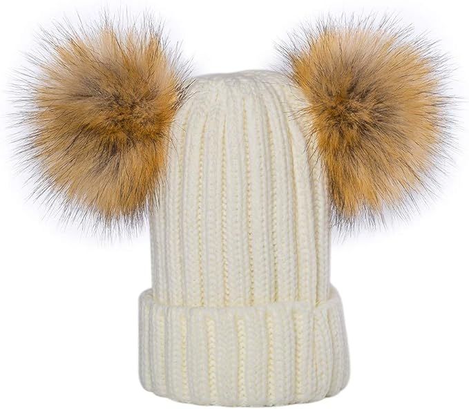 Kids Faux Raccoon Fur Ball Pompom Ears Winter Bobble Hat Knitted Double Pom Cap Kids Beanie Hat... | Amazon (US)