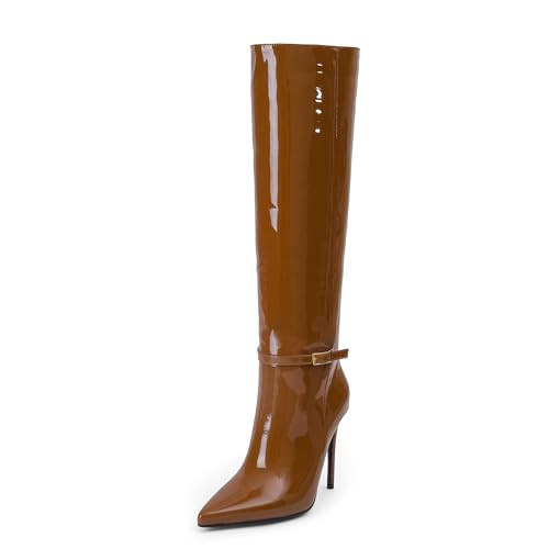 iiimmu Knee High Boots 4.3 IN Stiletto Heel Zipperless Patent Leather Brown Tall Boots Pointed Toe, size 7.5 | Amazon (US)