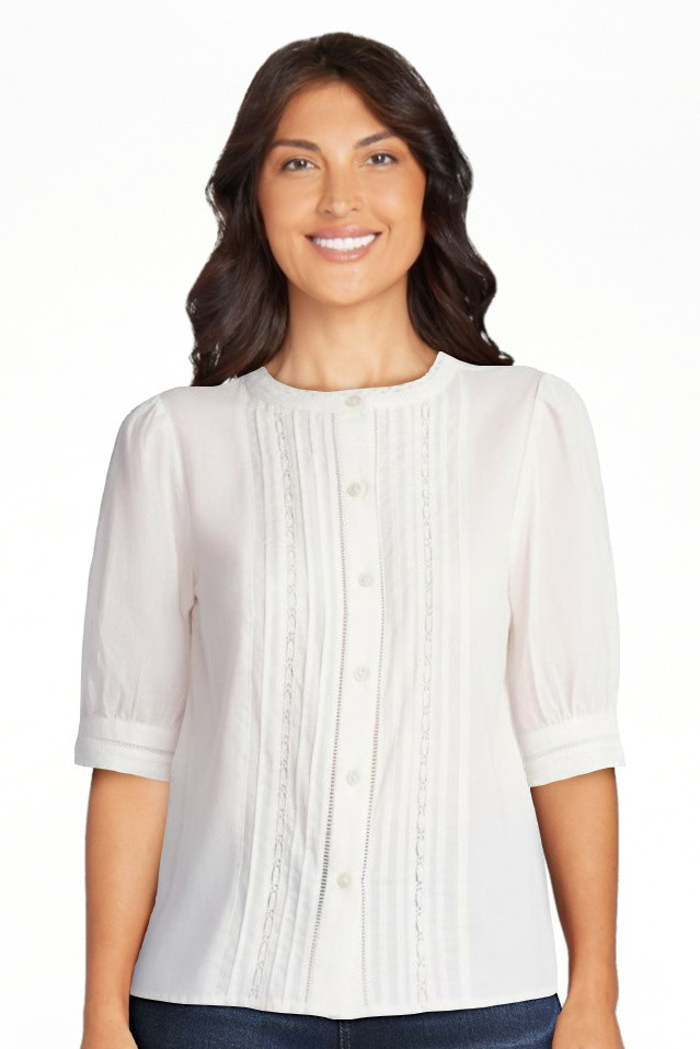 Time and Tru Women's and Women's Plus Cotton Lace Inset Blouse with Elbow Length Sleeves, Sizes X... | Walmart (US)
